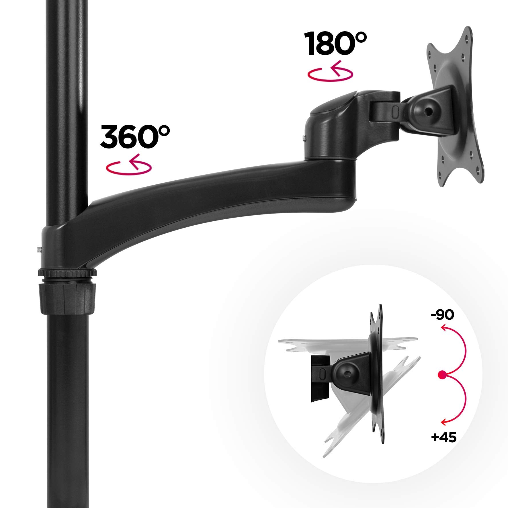 Zoomgoods Monitor Arm Stand DM451X2 | Single PC Desk Mount | Aluminium | Height Adjustable | For One 13-27 LED LCD Screen | VESA 75/100 | 13kg Per Screen | Tilt -90°/-45°, Rotate 360°