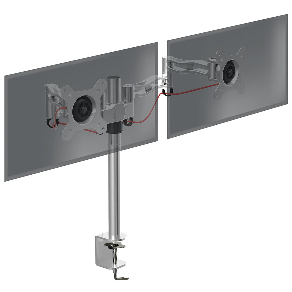 Zoomgoods Dual Monitor Stand DM352 SR Double Monitor Arm Silver Twin Riser Two Mount for 13-27” Computer Screen 2 Height Adjustable Clamp Stands for PC Gaming Work Desk Home & Office Studio, VESA 75 100