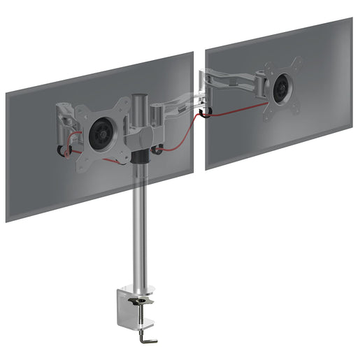 Zoomgoods Dual Monitor Stand DM352 SR Double Monitor Arm Silver Twin Riser Two Mount for 13-27” Computer Screen 2 Height Adjustable Clamp Stands for PC Gaming Work Desk Home & Office Studio, VESA 75 100