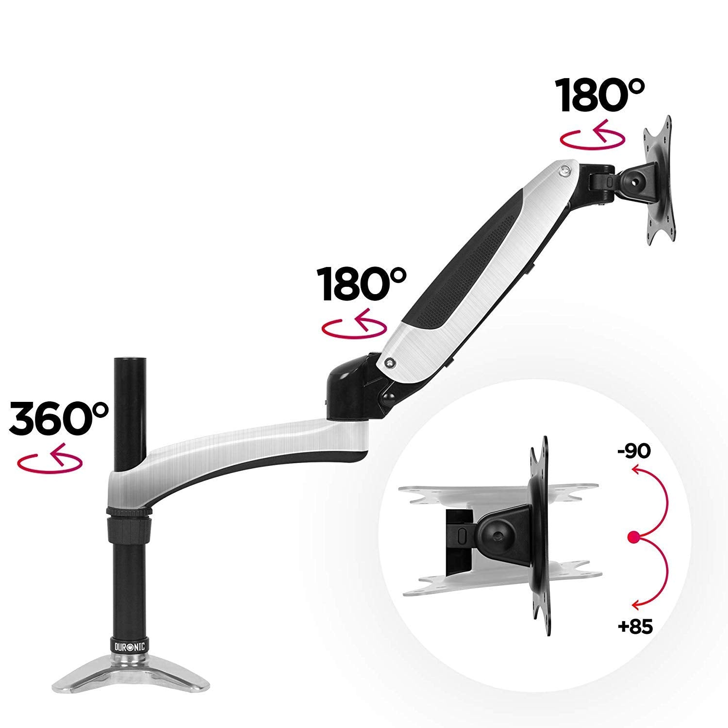 Zoomgoods Monitor Arm Stand DM651X2 | Single Gas-Powered PC Desk Mount | BLACK | Height Adjustable | For One 15-27 LED LCD Screen | VESA 75/100 | 8kg Capacity | Tilt -90°/+85°,Swivel 180°,Rotate 360°