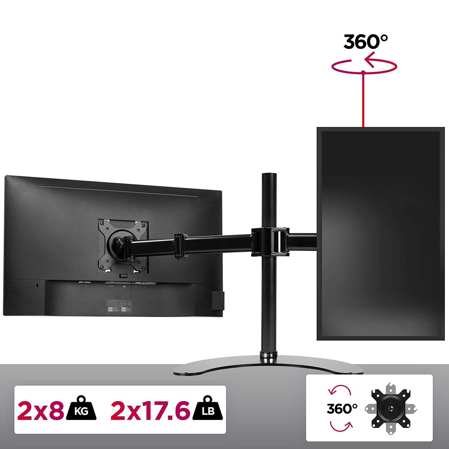 Zoomgoods Dual Monitor Arm Stand Desk Mount DM25D2, For Two 13-27 Inch LED LCD PC Computer or TV Screens, Freestanding Double Bracket, Tilt Swivel Rotate - Black