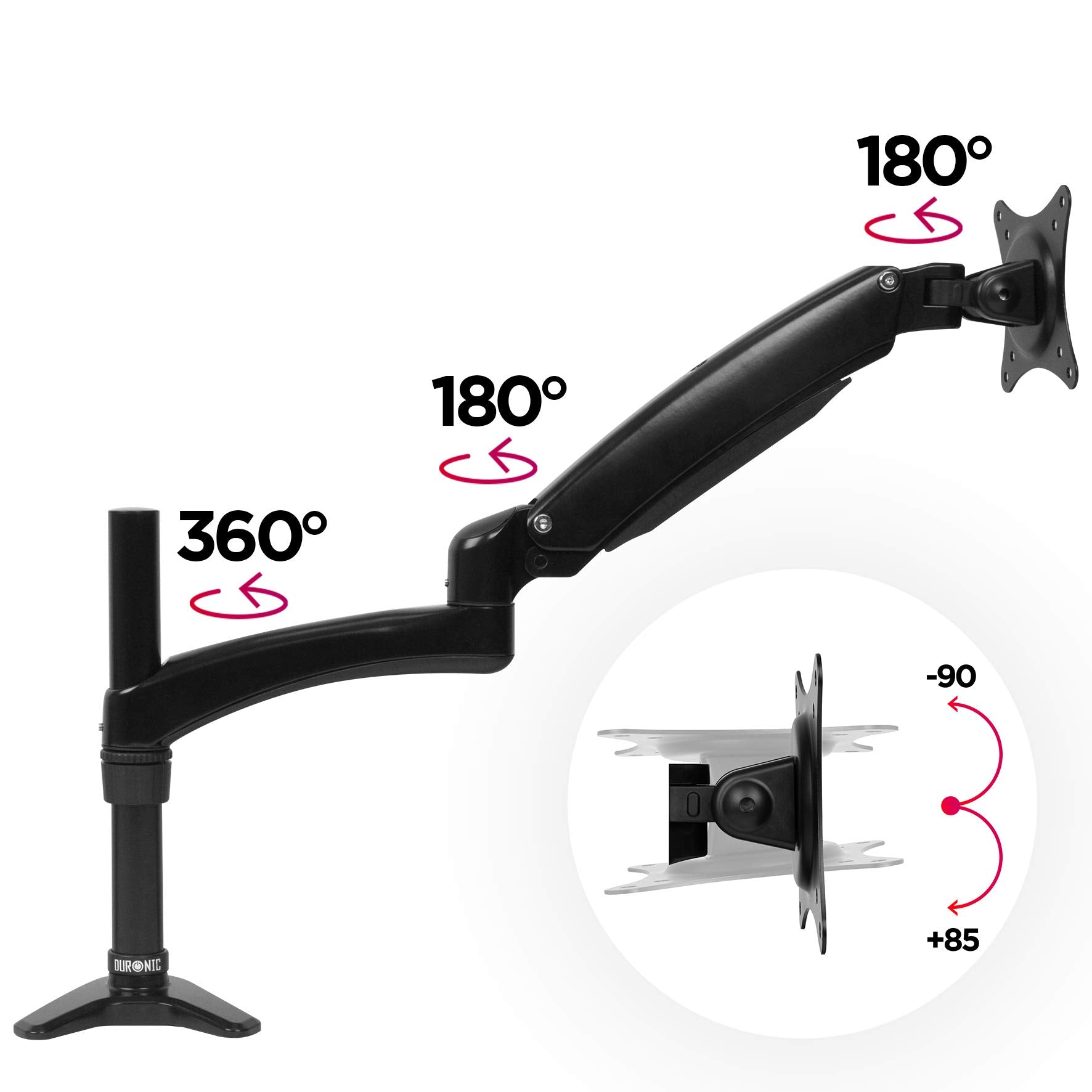 Zoomgoods Monitor Arm Stand DM551X2 | Single PC Desk Mount | BLACK | Aluminium | Height Adjustable | For One 15-27 LED LCD Screen | VESA 75/100 | 7.8kg Capacity | Tilt -90°/+85°,Swivel 180°,Rotate 360°