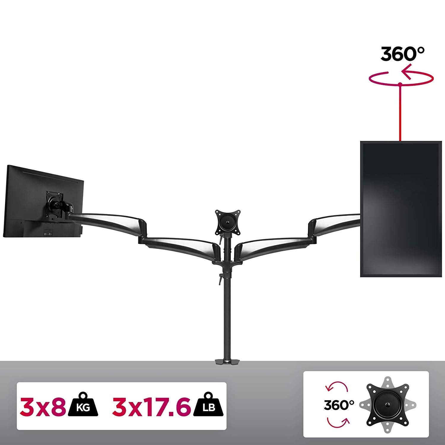Zoomgoods Monitor Arm Stand DM453 Triple PC Desk Mount Solid Steel Height Adjustable For Three 15-27 LED LCD Screens VESA 75/100 - 10kg Per Screen  Tilt -90°/-45°, Rotate 360°