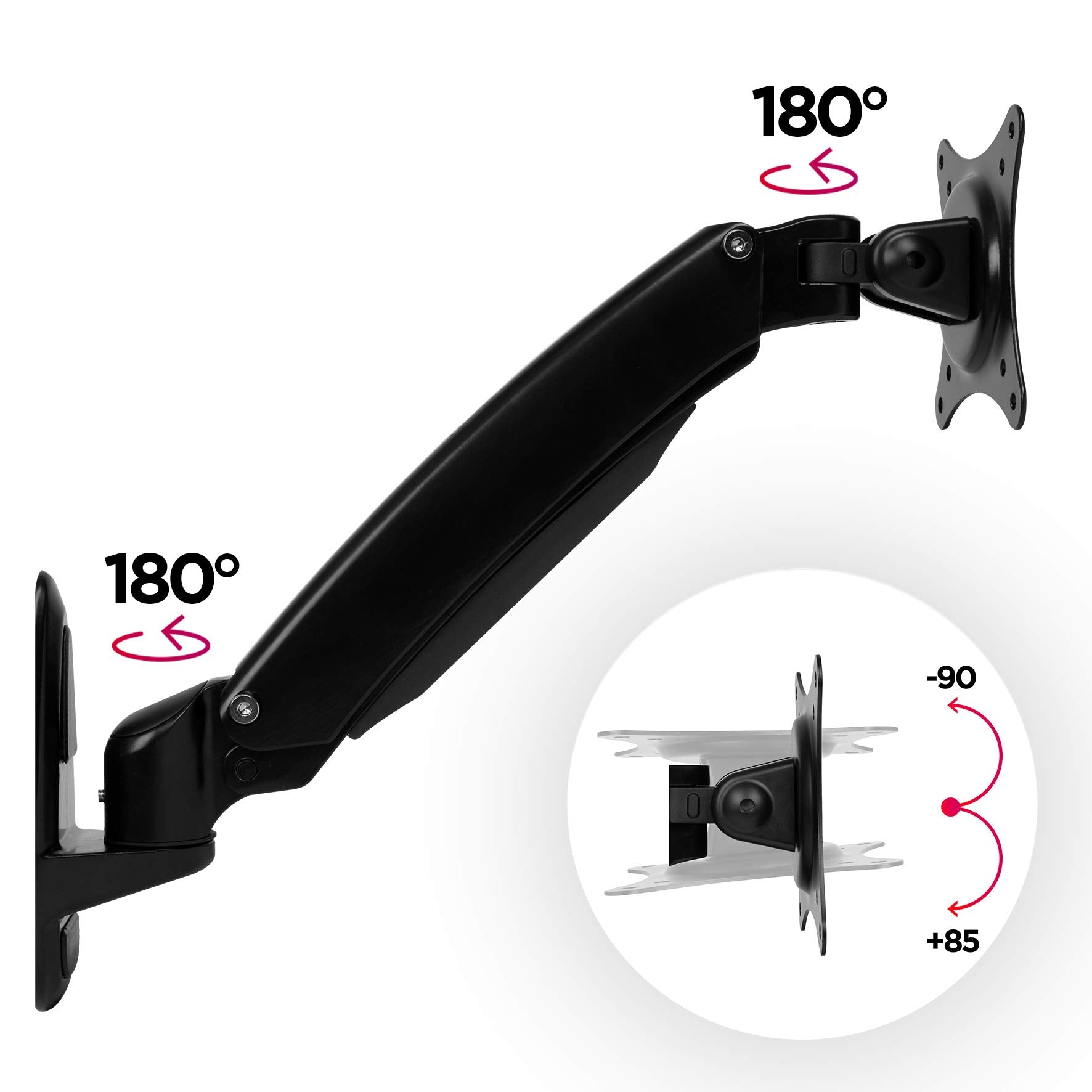 Zoomgoods Monitor Arm Wall Mount DM55W1X1 | Bracket for Single PC Computer Screen | Aluminium | For One 15”-27” LED LCD TV Television | VESA 75/100 Fixing | Tilt +85°/-90°, Swivel 180°, Rotate 360°