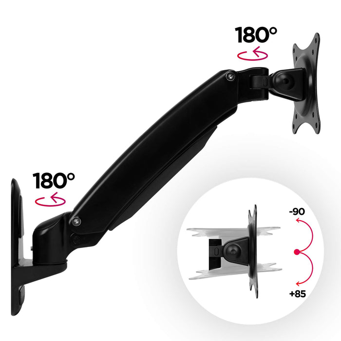 Zoomgoods Monitor Arm Wall Mount DM55W1X1 | Bracket for Single PC Computer Screen | Aluminium | For One 15”-27” LED LCD TV Television | VESA 75/100 Fixing | Tilt +85°/-90°, Swivel 180°, Rotate 360°