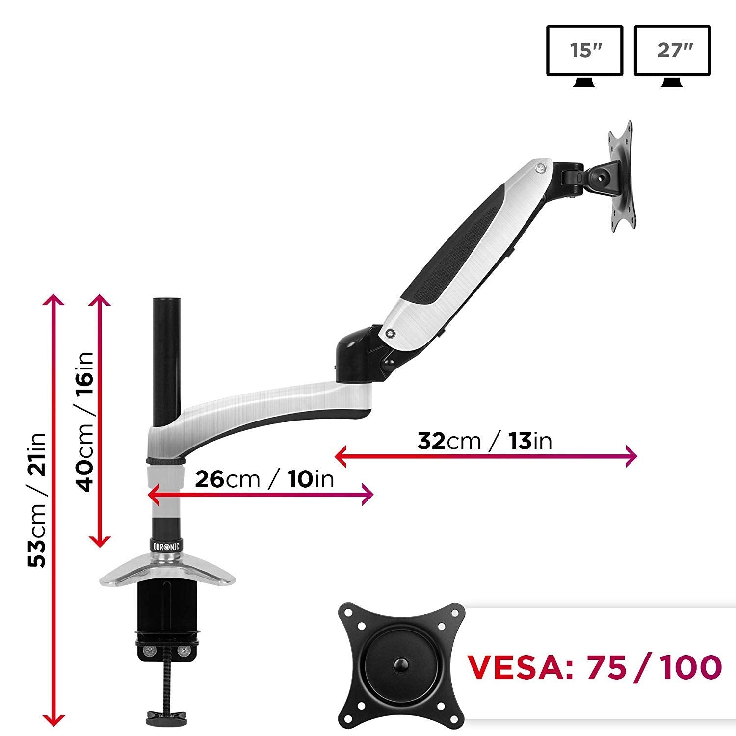 Zoomgoods Monitor Arm Stand DM651X2 | Single Gas-Powered PC Desk Mount | BLACK | Height Adjustable | For One 15-27 LED LCD Screen | VESA 75/100 | 8kg Capacity | Tilt -90°/+85°,Swivel 180°,Rotate 360°