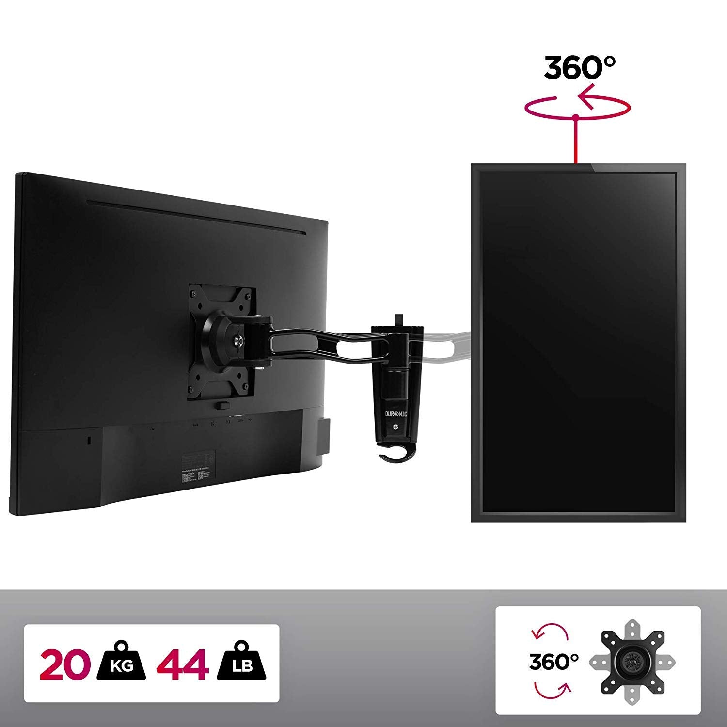Zoomgoods Monitor Arm Wall Mount DM65W1X2 | Bracket for Single PC Computer Screen | Aluminium | For One 15”-27” LED LCD TV Television | VESA 75/100 Fixing | Tilt +85°/-90°, Swivel 180°, Rotate 360°