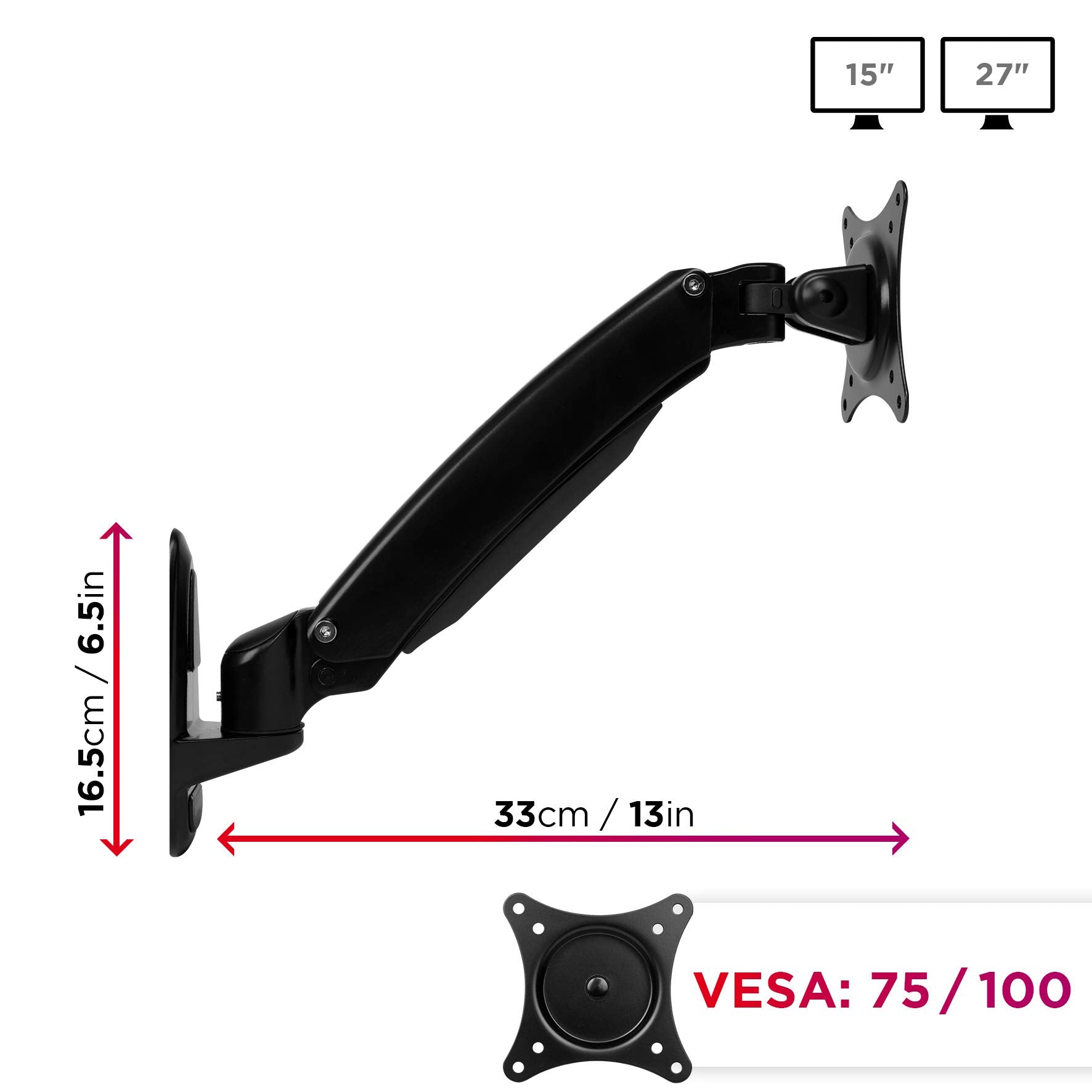 Zoomgoods Monitor Arm Wall Mount DM55W1X1 | Bracket for Single PC Computer Screen | Aluminium | For One 15”-27” LED LCD TV Television | VESA 75/100 Fixing | Tilt +85°/-90°, Swivel 180°, Rotate 360°