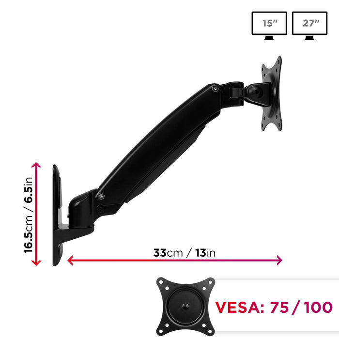 Zoomgoods Monitor Arm Wall Mount DM55W1X1 | Bracket for Single PC Computer Screen | Aluminium | For One 15”-27” LED LCD TV Television | VESA 75/100 Fixing | Tilt +85°/-90°, Swivel 180°, Rotate 360°