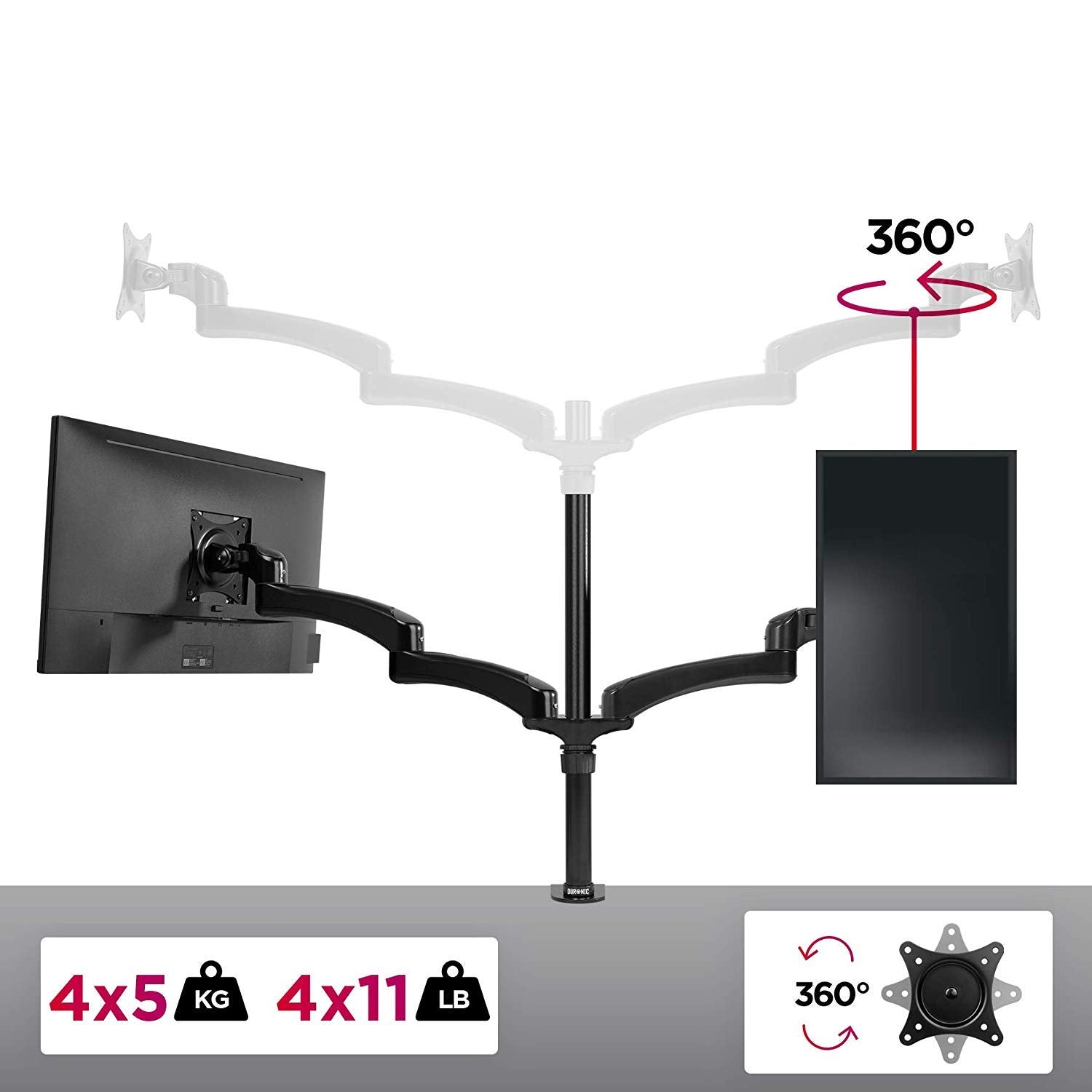 Zoomgoods Monitor Arm Stand DM454 | Quad PC Desk Mount | Aluminium | Height Adjustable | For Four 15-27 LED LCD Screens | VESA 75/100 | 5kg Per Screen | Tilt -90°/+45°, Rotate 360°