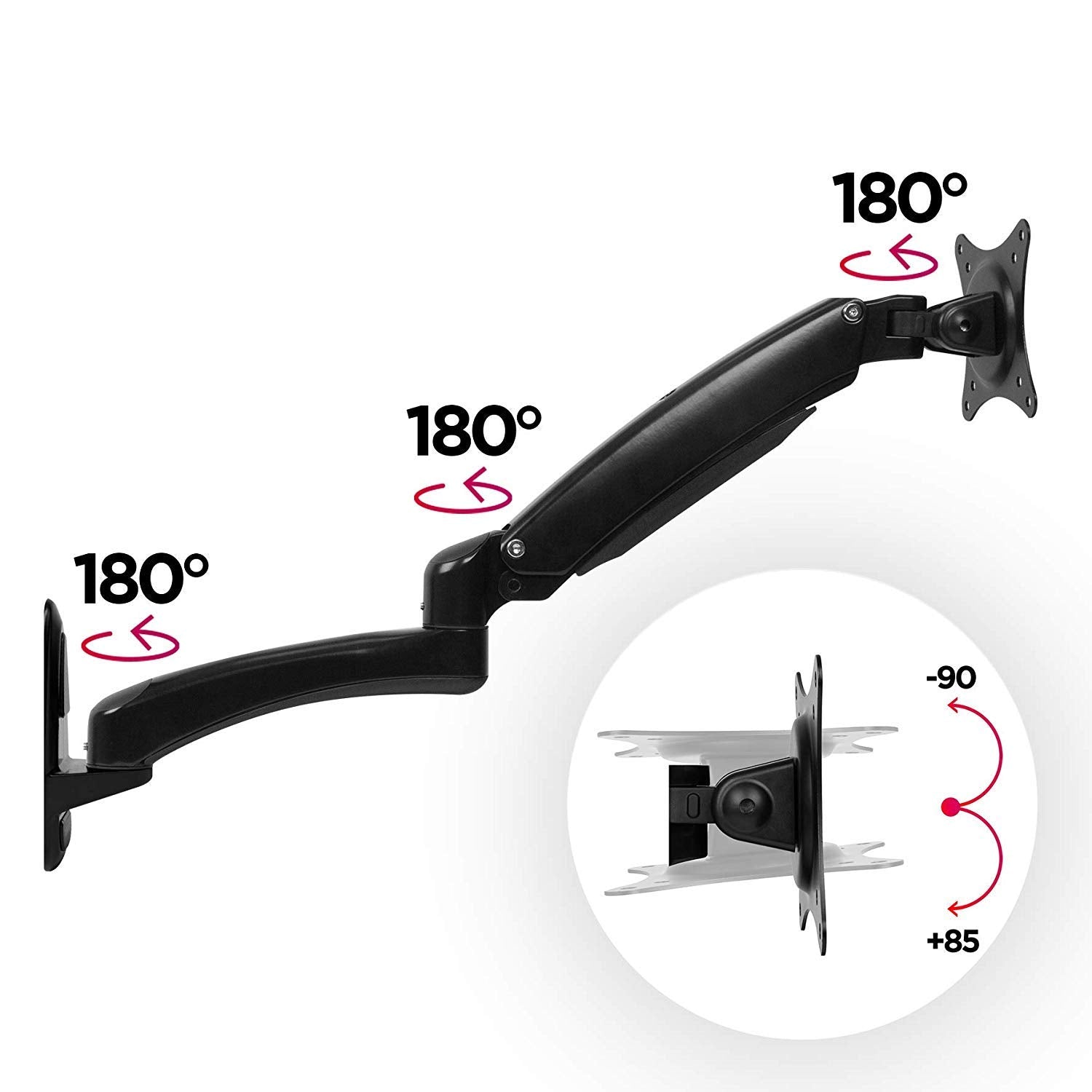 Zoomgoods Monitor Arm Wall Mount DM55W1X2 | Bracket for Single PC Computer Screen | Aluminium | For One 15”-27” LED LCD TV Television | VESA 75/100 Fixing | Tilt +85°/-90°, Swivel 180°, Rotate 360°