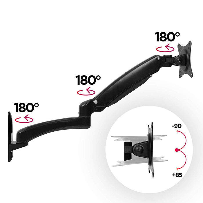 Zoomgoods Monitor Arm Wall Mount DM55W1X2 | Bracket for Single PC Computer Screen | Aluminium | For One 15”-27” LED LCD TV Television | VESA 75/100 Fixing | Tilt +85°/-90°, Swivel 180°, Rotate 360°