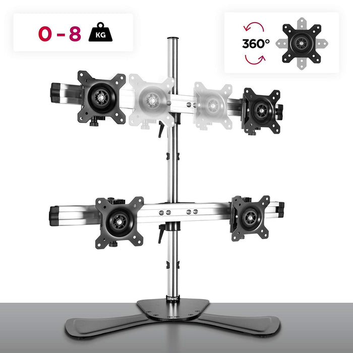 Zoomgoods Computer Monitor Arms Stand DM754 Quadruple Freestanding PC Multi Arms Desk Mount Stands for VESA 75/100 Four 15-24 Inch LED LCD Screens 8kg Capacity Mounts, Tilt -15/+15, Rotate 360 - Black