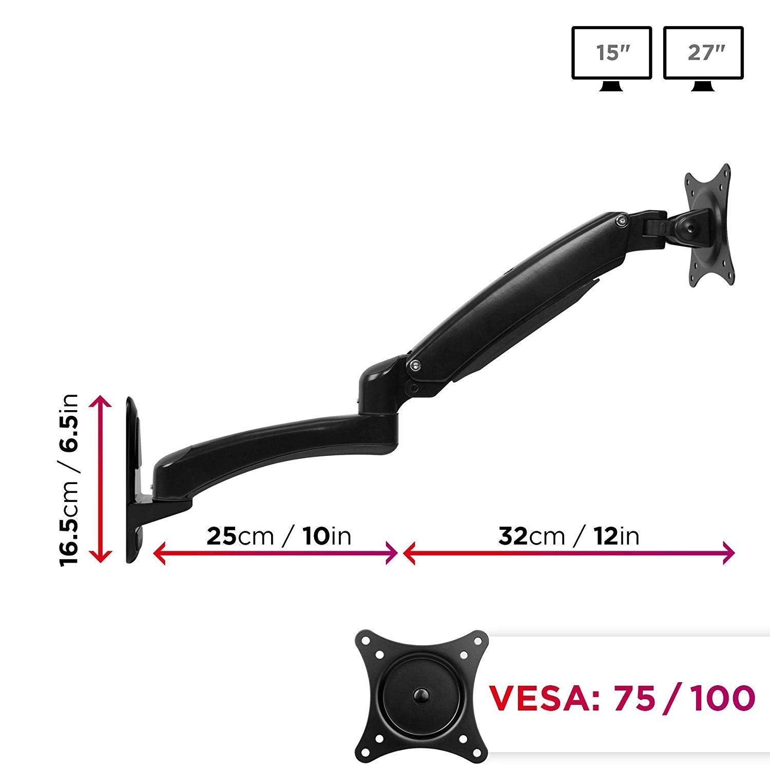 Zoomgoods Monitor Arm Wall Mount DM55W1X2 | Bracket for Single PC Computer Screen | Aluminium | For One 15”-27” LED LCD TV Television | VESA 75/100 Fixing | Tilt +85°/-90°, Swivel 180°, Rotate 360°