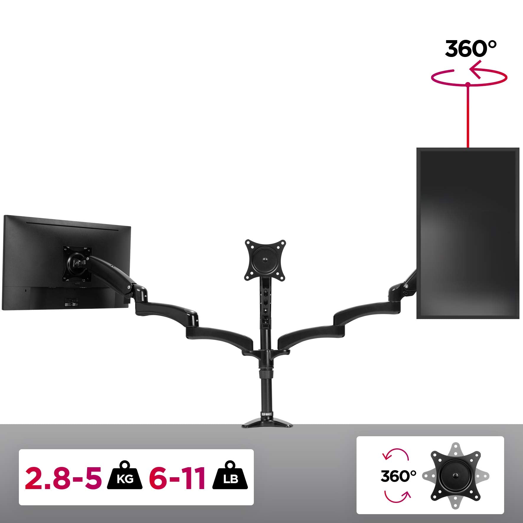 Zoomgoods Monitor Arm Stand DM553 | Triple PC Desk Mount | BLACK | Aluminium | Height Adjustable | For Three 15-27 LED LCD Screen | VESA 75/100 | 5kg Capacity | Tilt -90°/+85°,Swivel 180°,Rotate 360°