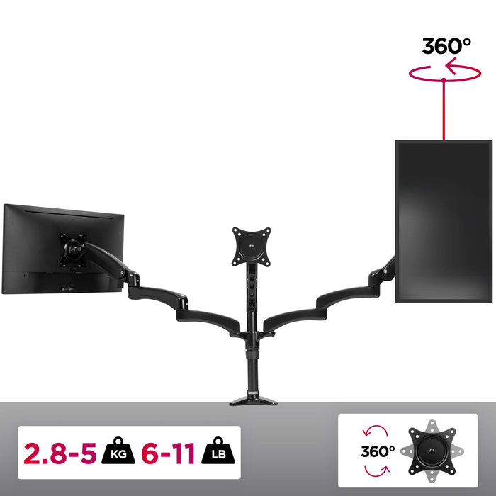Zoomgoods Monitor Arm Stand DM553 | Triple PC Desk Mount | BLACK | Aluminium | Height Adjustable | For Three 15-27 LED LCD Screen | VESA 75/100 | 5kg Capacity | Tilt -90°/+85°,Swivel 180°,Rotate 360°