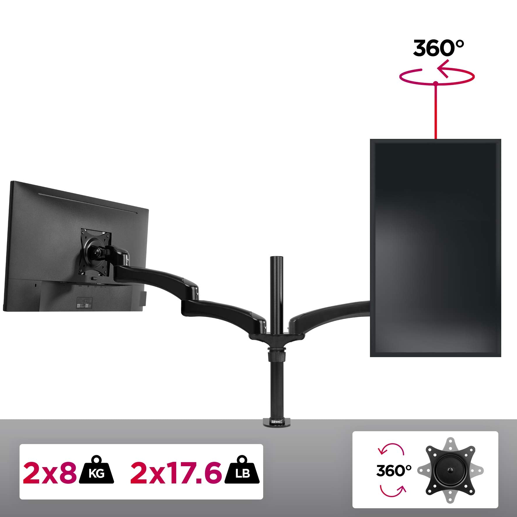 Zoomgoods Monitor Arm Stand DM452 | Double PC Desk Mount | Aluminium | Height Adjustable | For Two 15-27 LED LCD Screens | VESA 75/100 | 8kg Per Screen | Tilt -90°/-45°, Rotate 360°