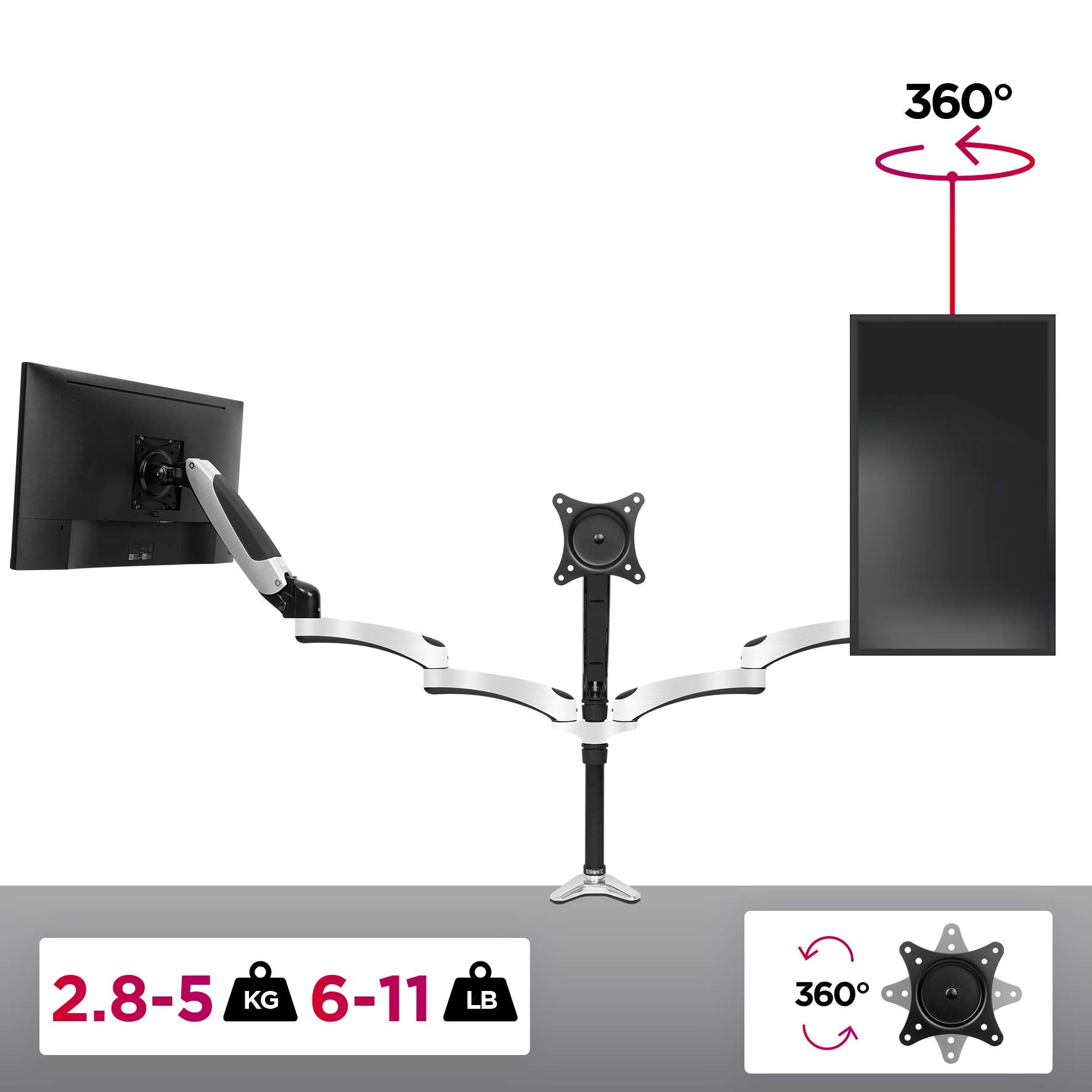 Zoomgoods Monitor Arm Stand DM652 | Dual Gas-Powered PC Desk Mount | BLACK | Height Adjustable | For Two 15-27 LED LCD Screens | VESA 75/100 | 8kg Capacity | Tilt -90°/+85°,Swivel 180°,Rotate 360°