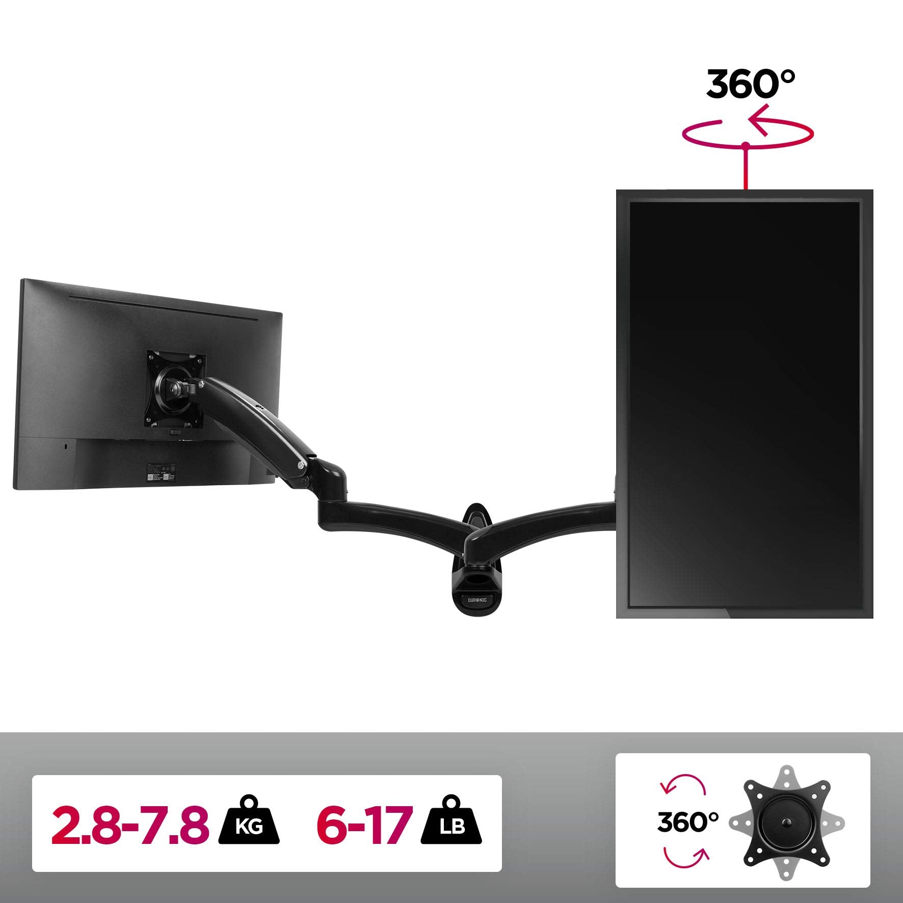 Zoomgoods Monitor Arm Wall Mount DM55W1X1 | Bracket for Single PC Computer Screen | Aluminium | For One 15”-27” LED LCD TV Television | VESA 75/100 Fixing | Tilt +85°/-90°, Swivel 180°, Rotate 360°