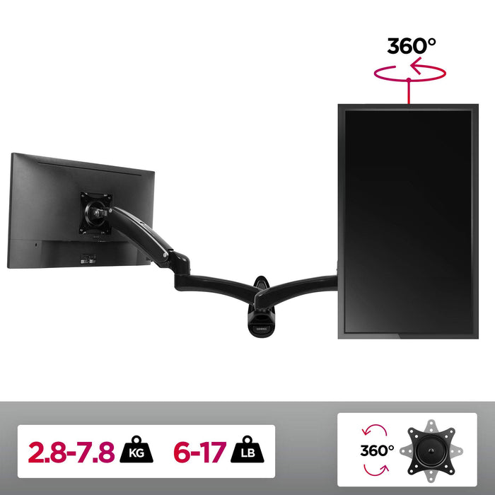 Zoomgoods Monitor Arm Wall Mount DM55W1X1 | Bracket for Single PC Computer Screen | Aluminium | For One 15”-27” LED LCD TV Television | VESA 75/100 Fixing | Tilt +85°/-90°, Swivel 180°, Rotate 360°