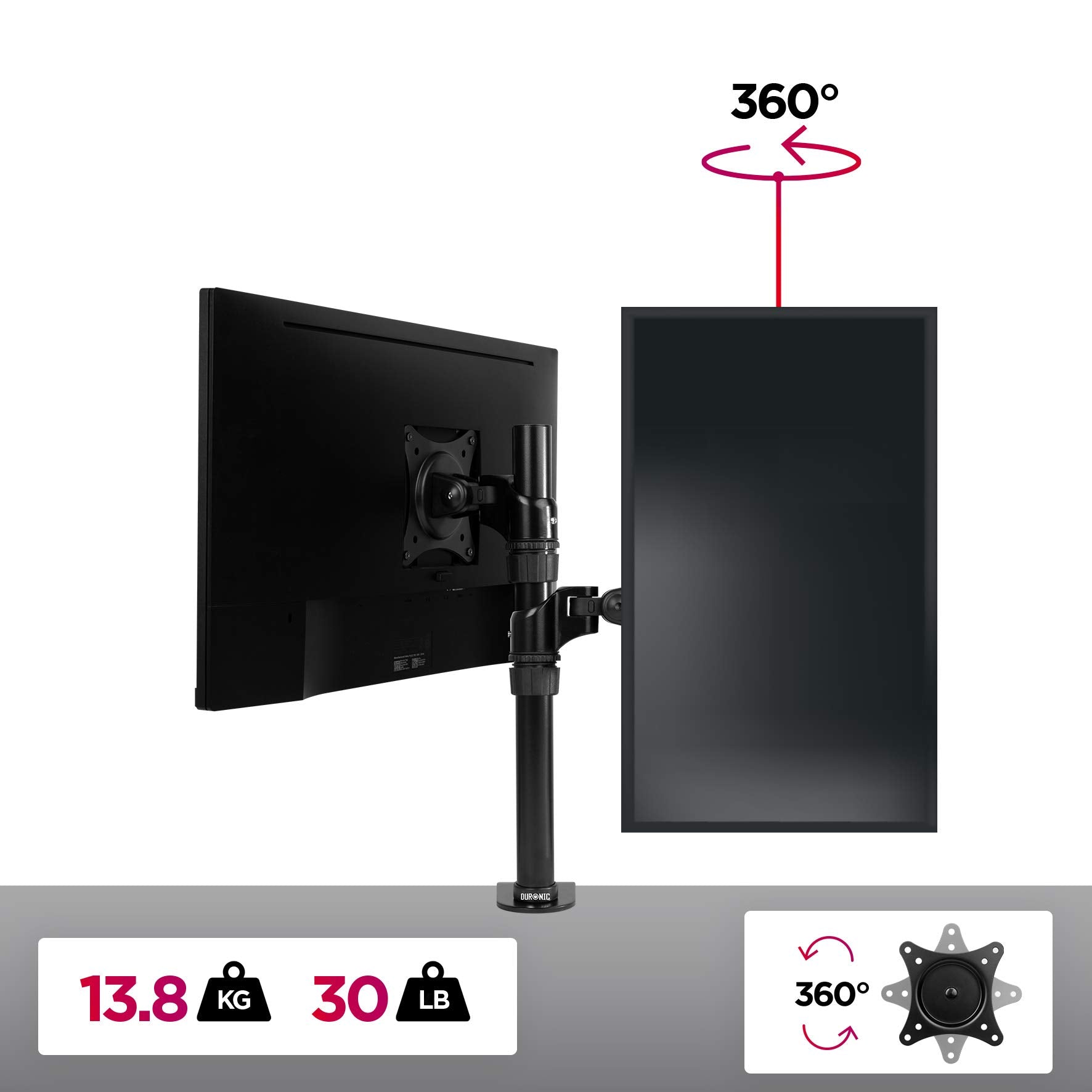 Zoomgoods Monitor Arm Stand DM451X1 | Single PC Desk Mount | Aluminium | Height Adjustable | For One 15-27 LED LCD Screen | VESA 75/100 | 13kg Per Screen | Tilt -20°/-20°, Rotate 360°…
