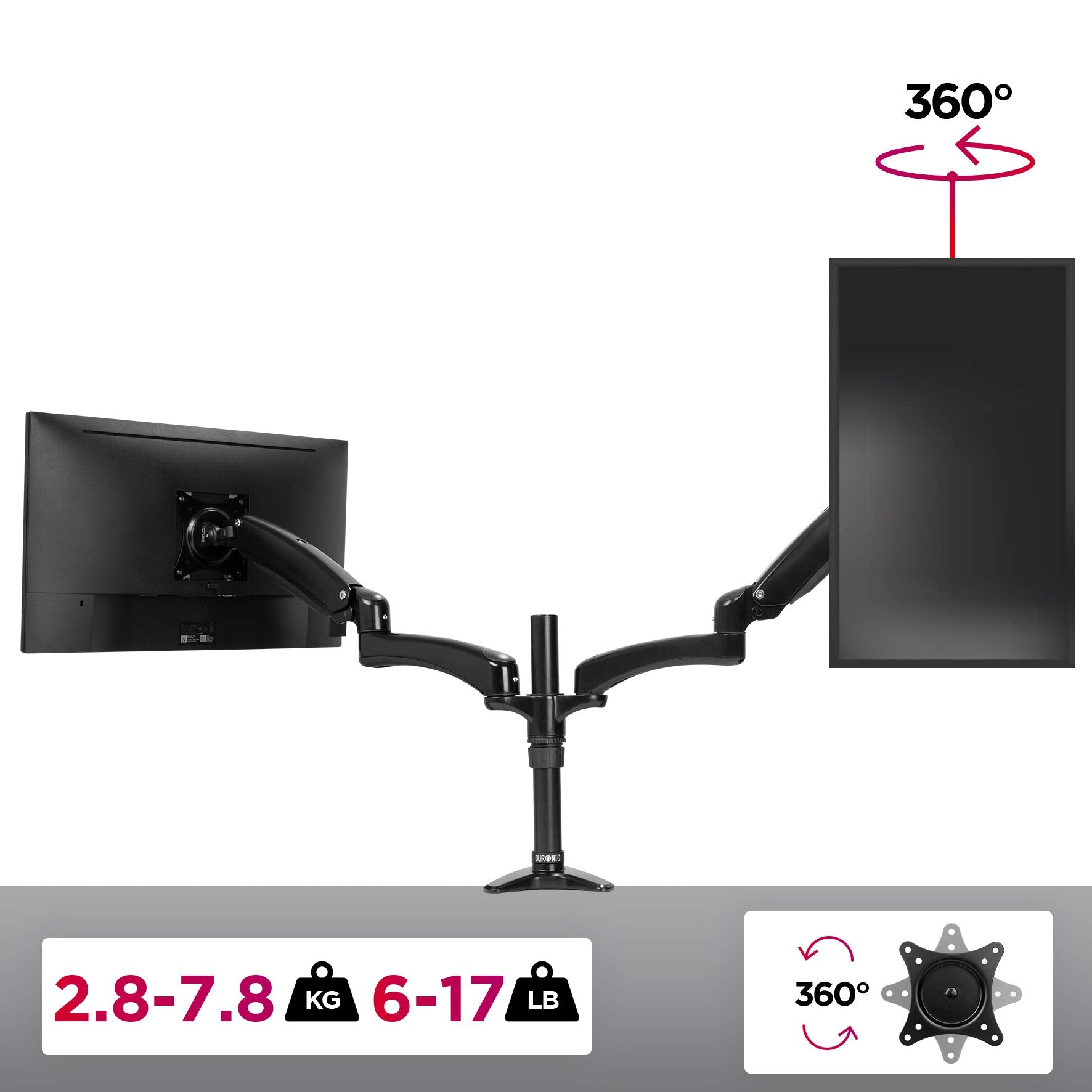Zoomgoods Monitor Arm Stand DM552 | Dual PC Desk Mount | BLACK | Aluminium | Height Adjustable | For Two 15-27 LED LCD Screen | VESA 75/100 | 7.8kg Capacity | Tilt -90°/+85°,Swivel 180°,Rotate 360°