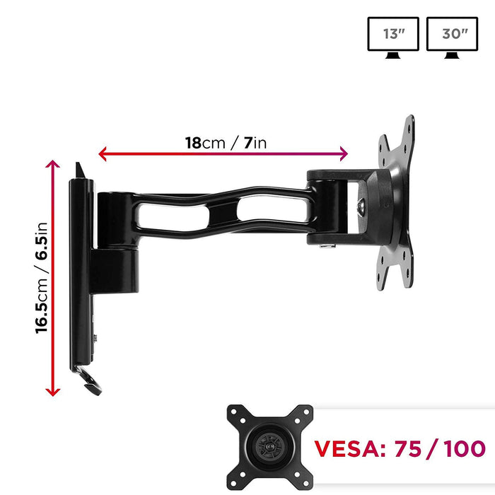 Zoomgoods Monitor Arm Wall Mount DM65W1X2 | Bracket for Single PC Computer Screen | Aluminium | For One 15”-27” LED LCD TV Television | VESA 75/100 Fixing | Tilt +85°/-90°, Swivel 180°, Rotate 360°