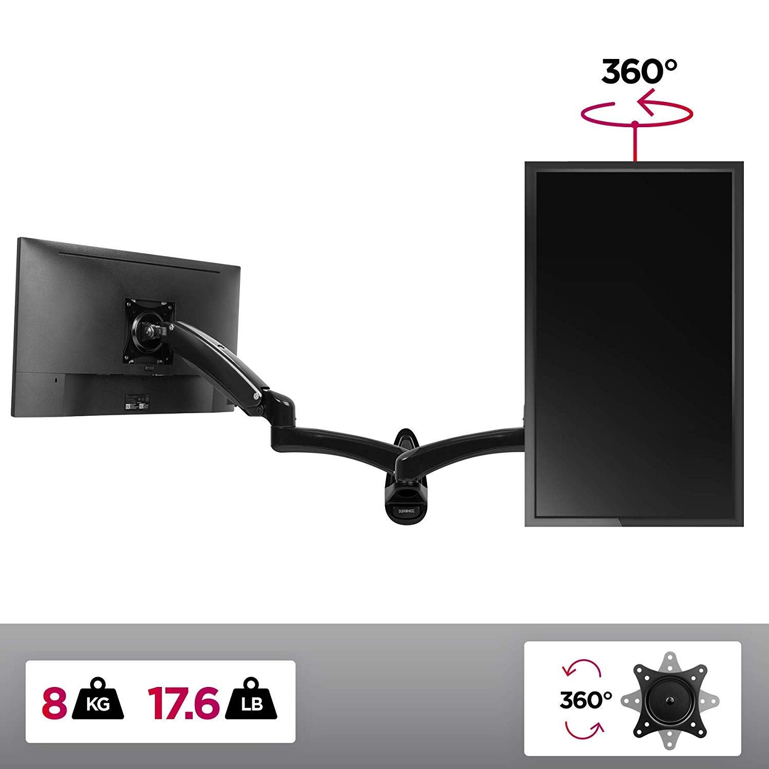 Zoomgoods Monitor Arm Wall Mount DM55W1X2 | Bracket for Single PC Computer Screen | Aluminium | For One 15”-27” LED LCD TV Television | VESA 75/100 Fixing | Tilt +85°/-90°, Swivel 180°, Rotate 360°