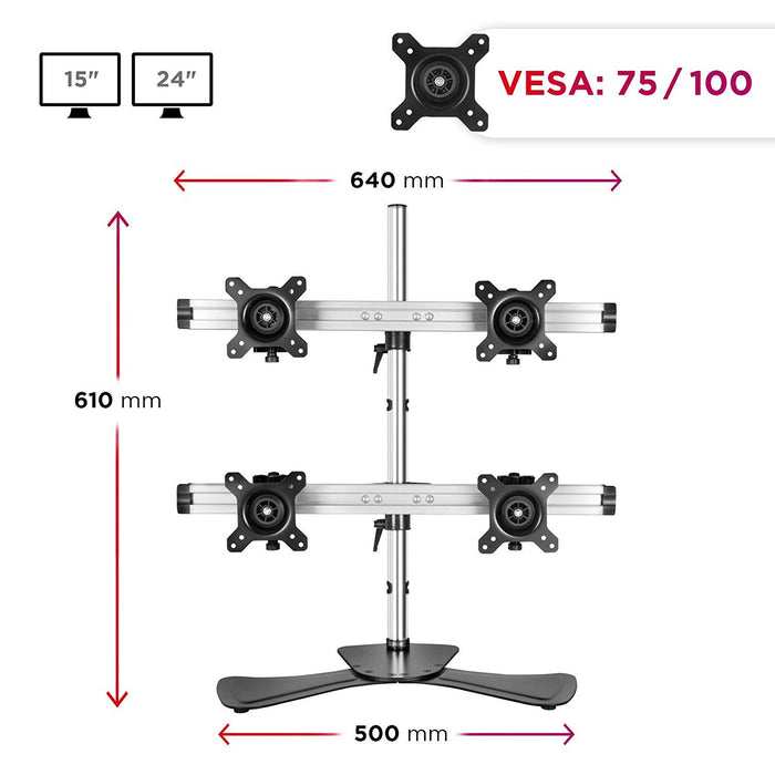 Zoomgoods Computer Monitor Arms Stand DM754 Quadruple Freestanding PC Multi Arms Desk Mount Stands for VESA 75/100 Four 15-24 Inch LED LCD Screens 8kg Capacity Mounts, Tilt -15/+15, Rotate 360 - Black