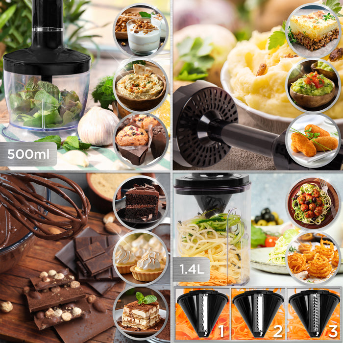 Zoomgoods Electric Hand Blender HB35 BUNDLE 350W Baby Food Maker with Immersion stick Whisk Masher Attachments 0.6L Smoothie Maker with Vegetable Spiralizer & Mini Food Chopper