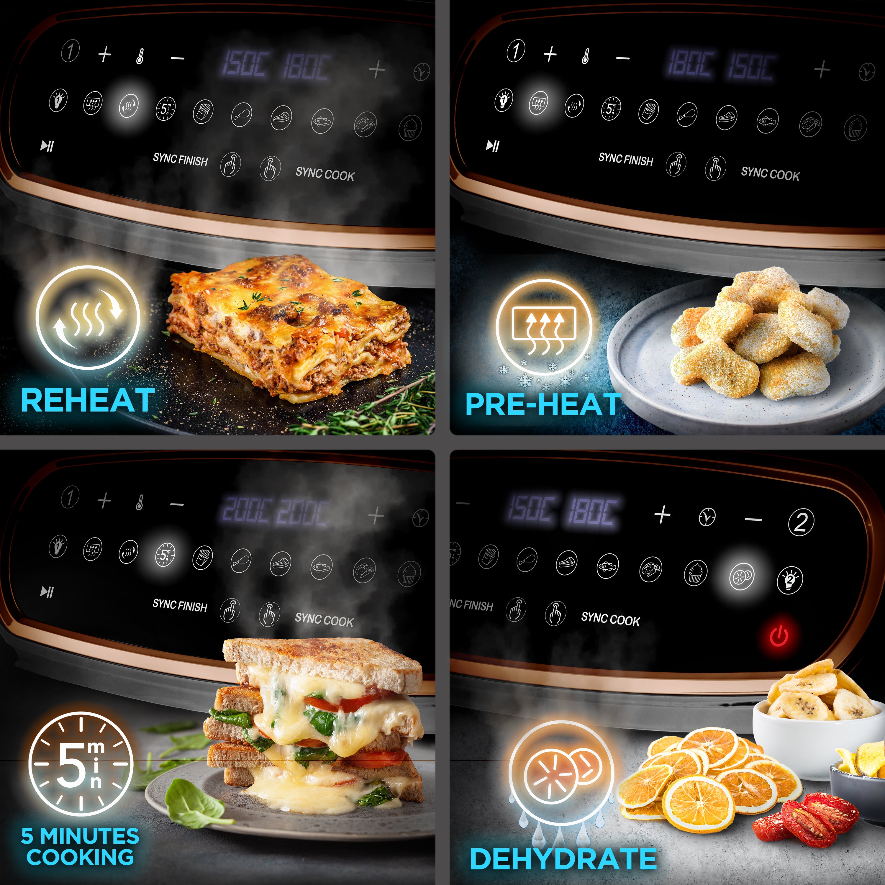 Zoomgoods XXL Digital Air Fryer AF14 BG 10L Family Size Air Fryers Double Drawer 10in1 Dual Zone Extra Large AirFryer with window for Family Cooking with Dishwasher Safe Non-Stick Basket Black & Gold