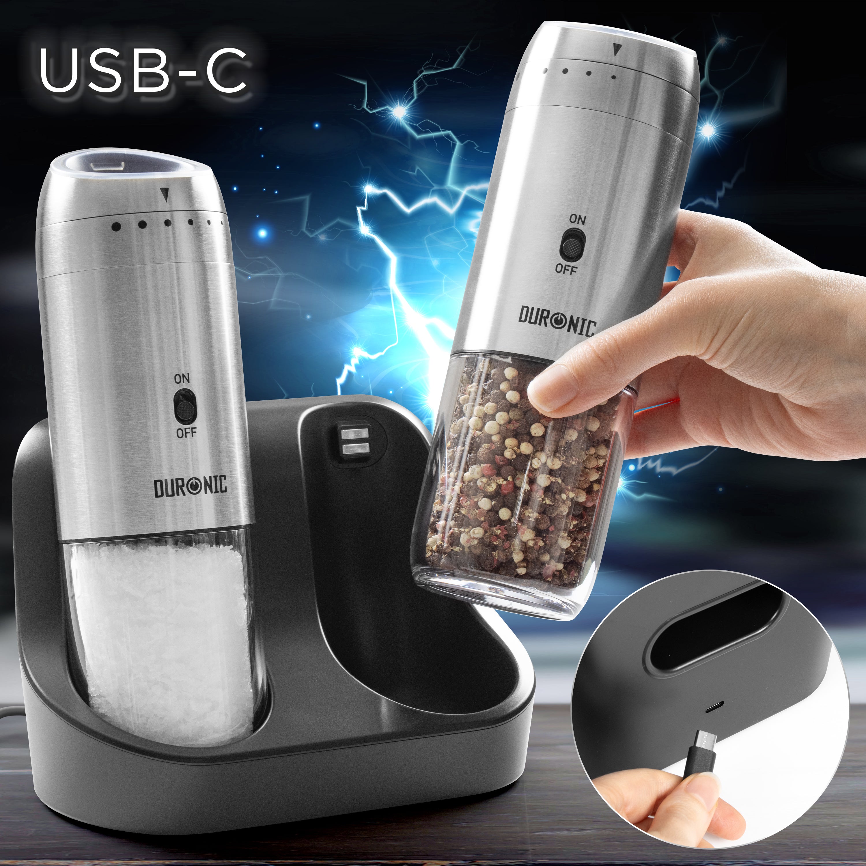 Zoomgoods EMU3 Electric Salt and Pepper Grinder Set 25W Two Automatic Gravity Salt Shakers Rechargeable Pepper Mills One Handed Spice Grinder with LED Light, Adjustable Coarseness