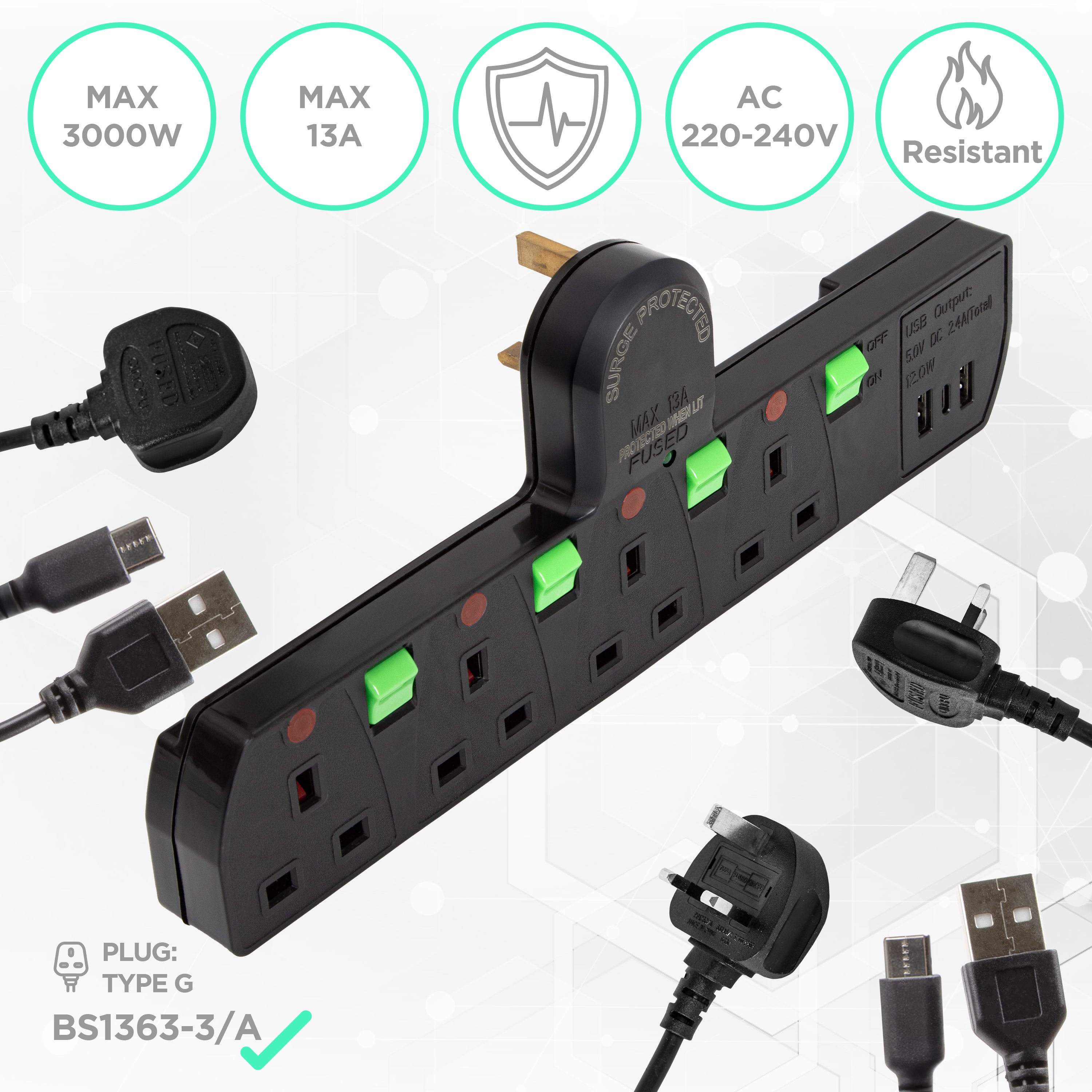 Zoomgoods Plug Adapter with USB S125B 4 Way Multi Plug Adapter for UK Plugs Surge Protected 3kW Power Extension Adapter with 2.4A USB Ports & 1 USB-c Port Black Multi Socket with Switches
