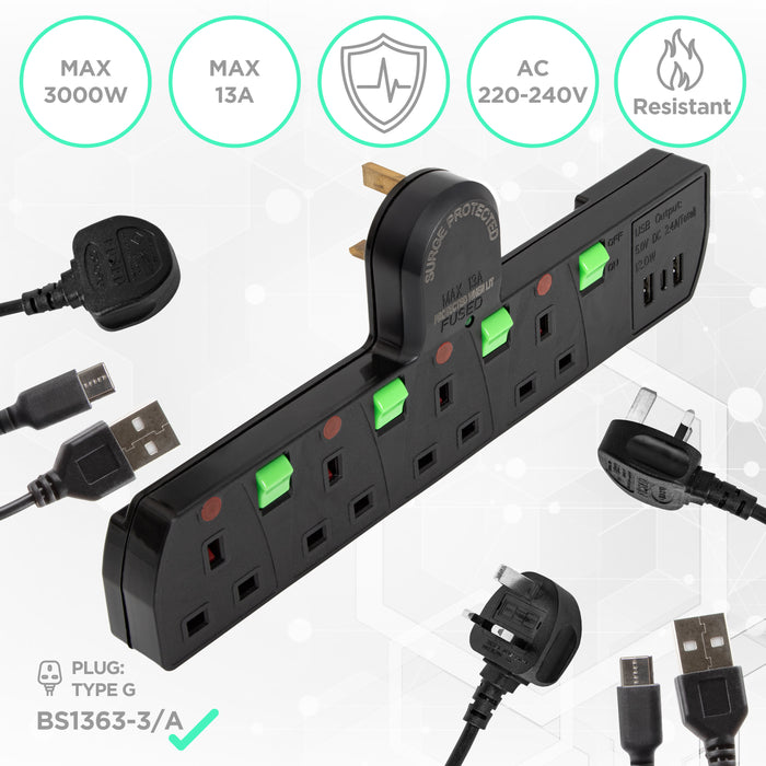 Zoomgoods Plug Adapter with USB S125B 4 Way Multi Plug Adapter for UK Plugs Surge Protected 3kW Power Extension Adapter with 2.4A USB Ports & 1 USB-c Port Black Multi Socket with Switches