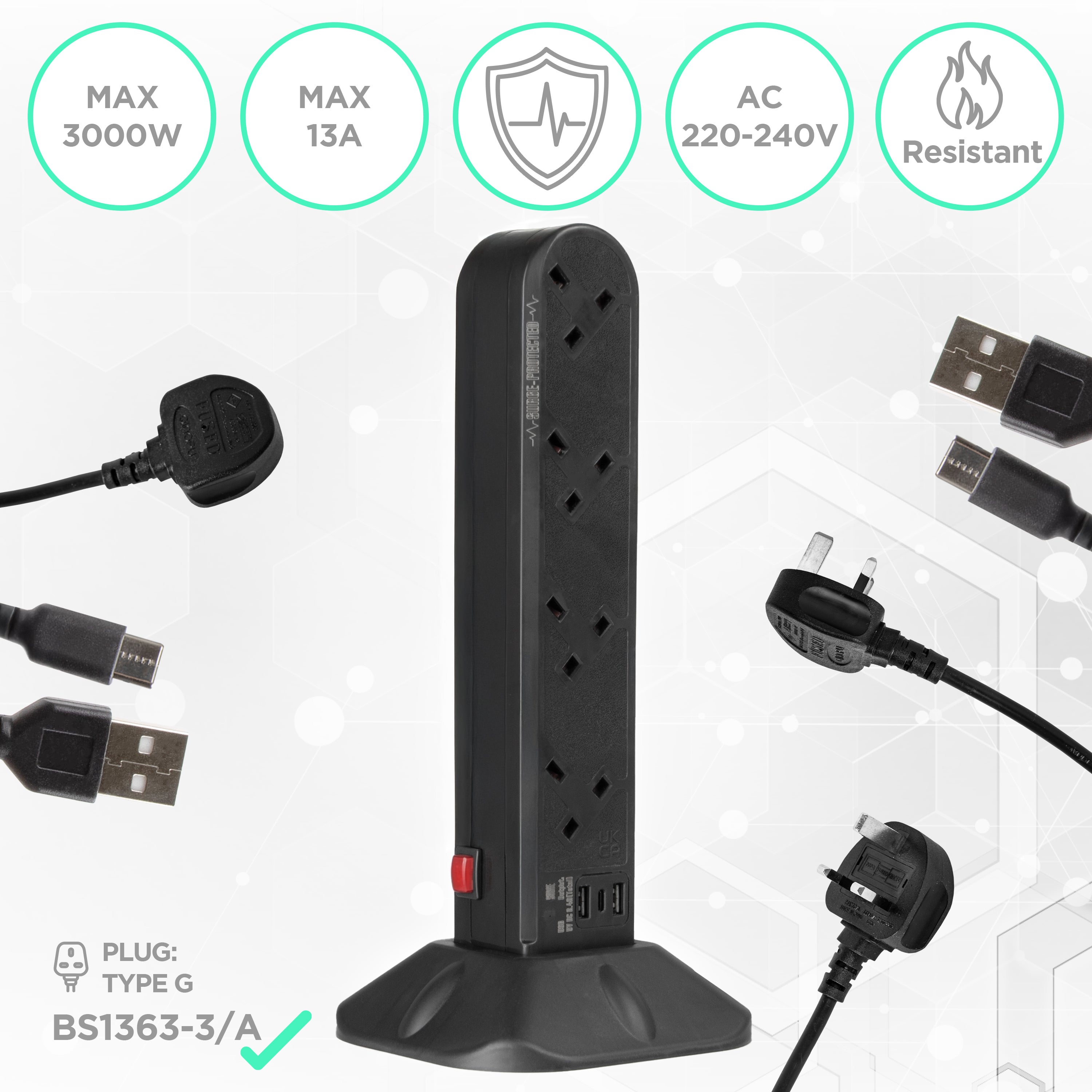 Zoomgoods Surge Protected Extension Lead ST8B Tower Extension Leads with USB Multiplug Adapter Cord for UK Plugs 8 Way with 2x USB Slots and 1x USB-C Slot Long Black Power Cords Multi Outlet Socket