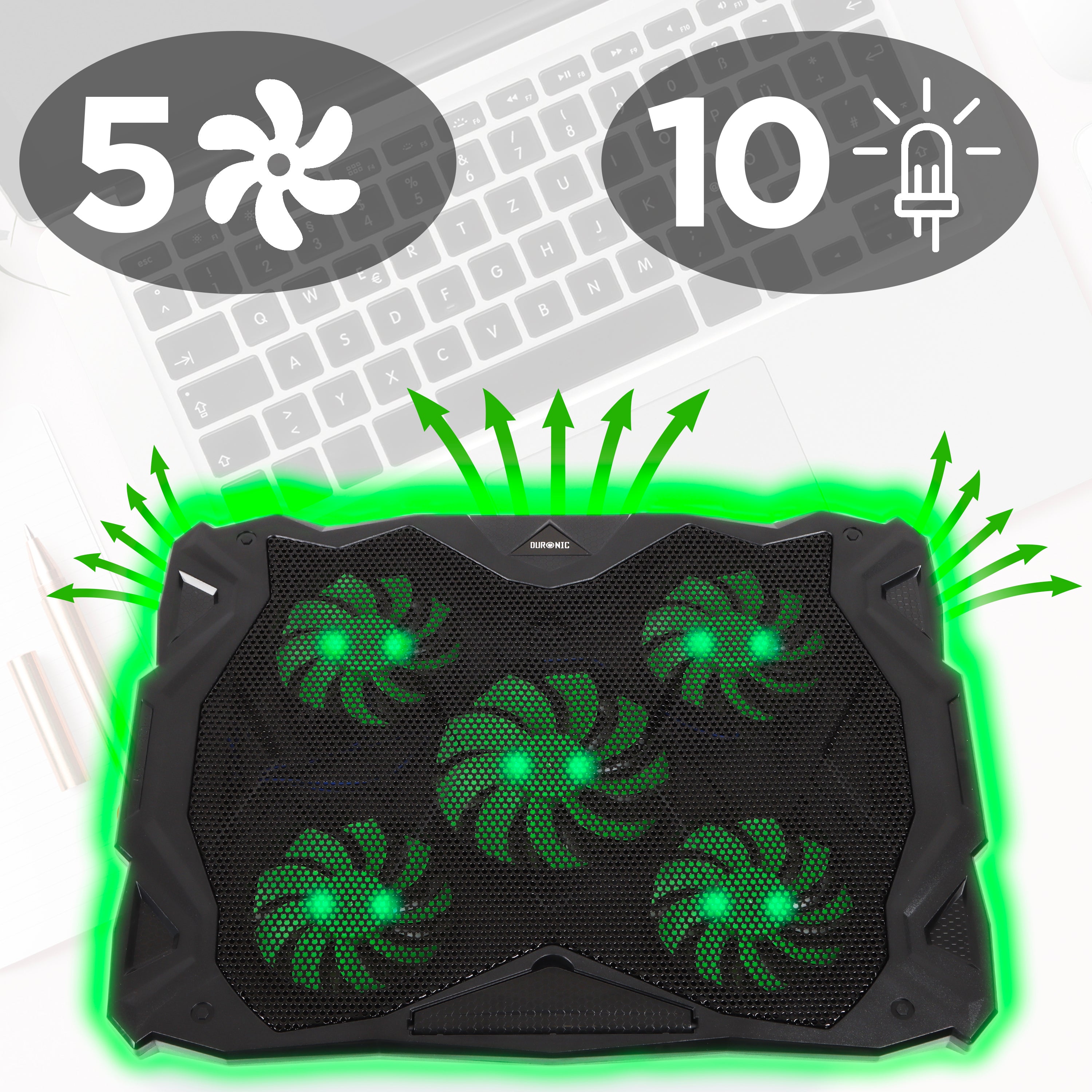 Zoomgoods Laptop Cooling Pad LC1, Ergonomic Cooler with 5 Quiet Cooling Fans, Lightweight, Adjustable Height and LED lights, Perfect for Work, Study and Gaming