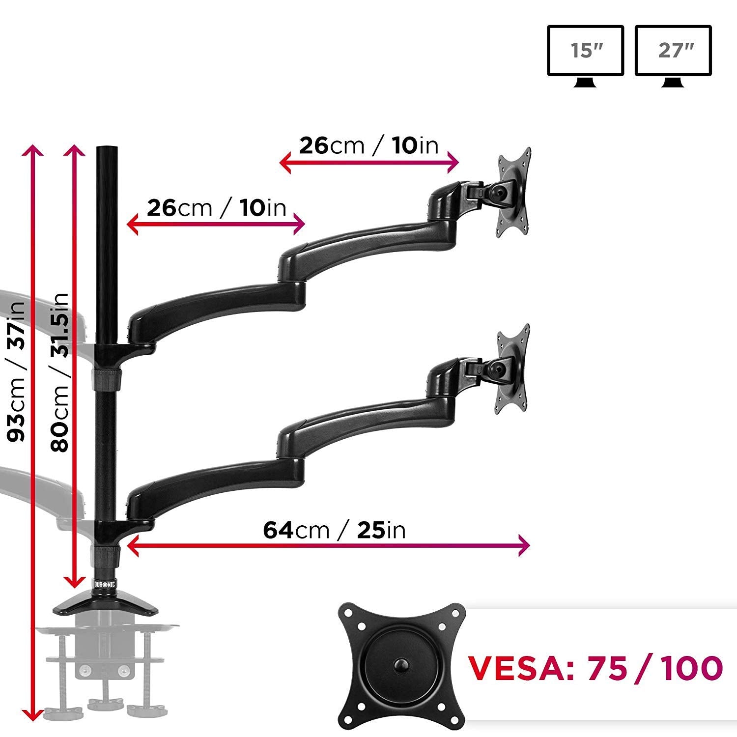 Zoomgoods Monitor Arm Stand DM454 | Quad PC Desk Mount | Aluminium | Height Adjustable | For Four 15-27 LED LCD Screens | VESA 75/100 | 5kg Per Screen | Tilt -90°/+45°, Rotate 360°