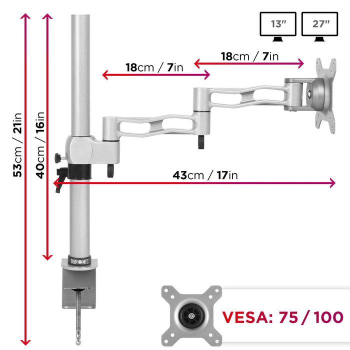 Zoomgoods Monitor Arm Single DM351X3 SR Height Adjustable Monitor Riser Clamp for 13-27” Screens Monitor Stand with VESA 75 100 Desk Monitor Mount with 10kg Capacity for Home Office Work Gaming