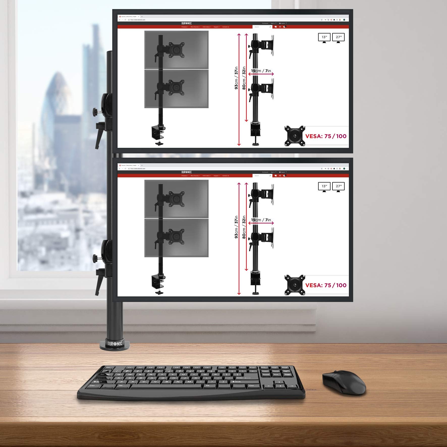 Zoomgoods Monitor Stand Dual DM35V2X2 Double Monitor Arm Desk Mount for Two 13-27” PC Screens, Height Adjustable Vertical Monitor Mounts with VESA 75 100 Monitor Riser Home Office