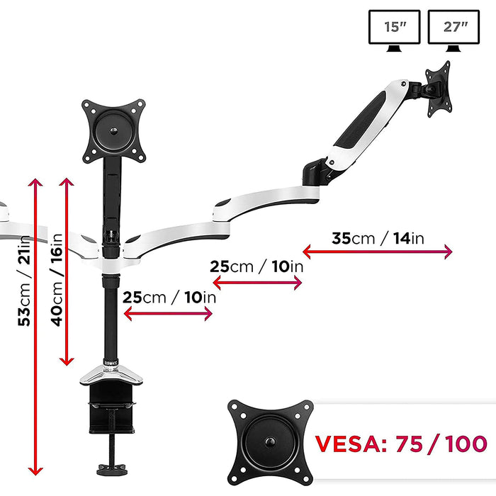 Zoomgoods Monitor Arm Stand DM652 | Dual Gas-Powered PC Desk Mount | BLACK | Height Adjustable | For Two 15-27 LED LCD Screens | VESA 75/100 | 8kg Capacity | Tilt -90°/+85°,Swivel 180°,Rotate 360°