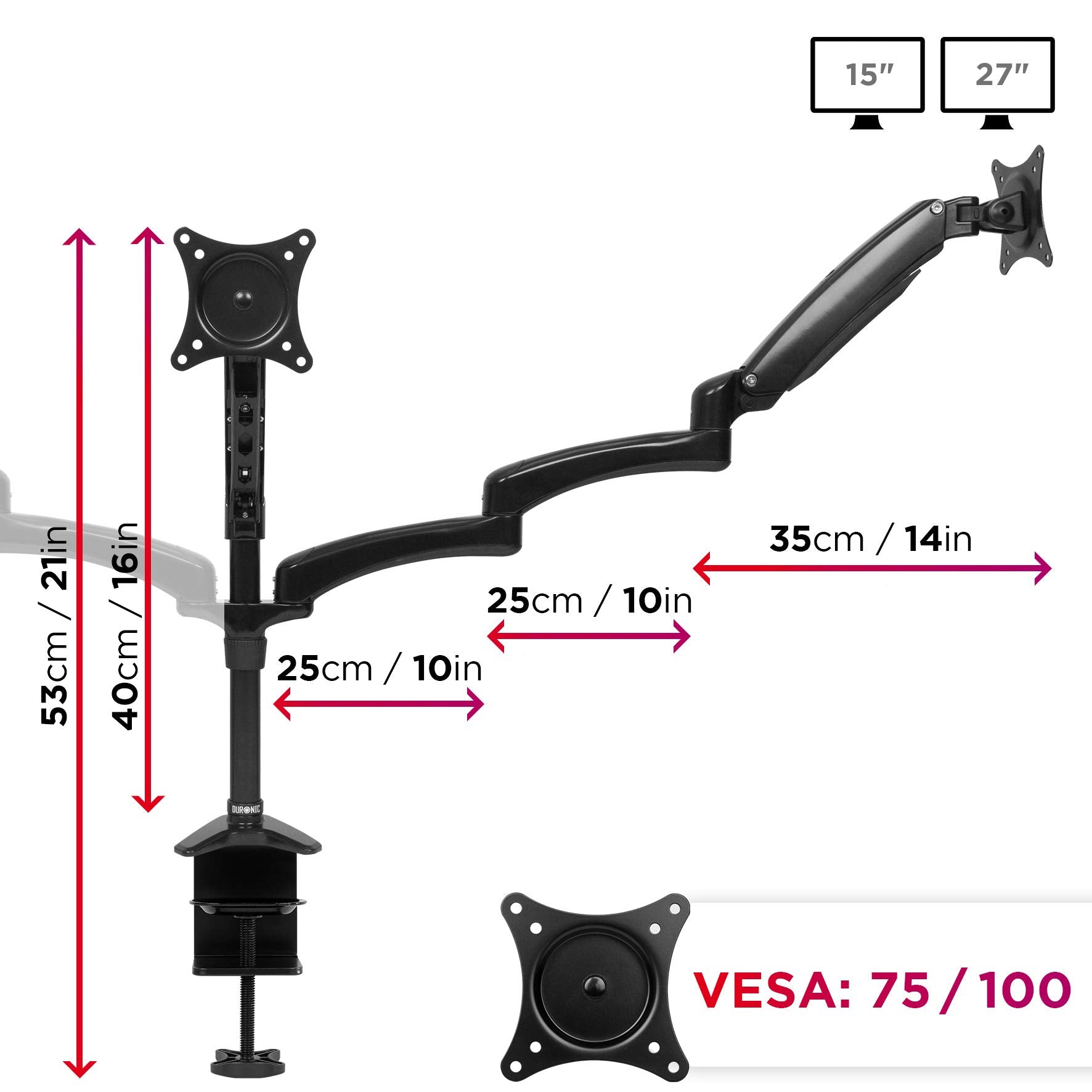 Zoomgoods Monitor Arm Stand DM553 | Triple PC Desk Mount | BLACK | Aluminium | Height Adjustable | For Three 15-27 LED LCD Screen | VESA 75/100 | 5kg Capacity | Tilt -90°/+85°,Swivel 180°,Rotate 360°