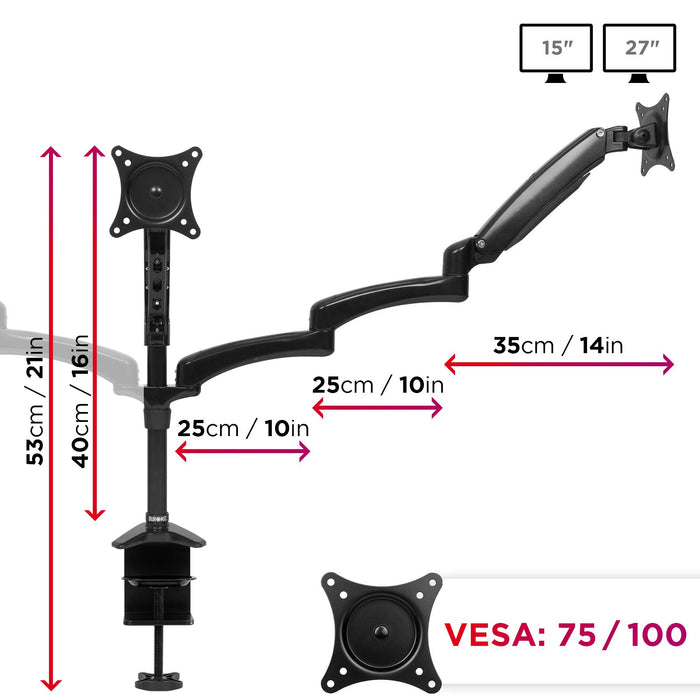 Zoomgoods Monitor Arm Stand DM553 | Triple PC Desk Mount | BLACK | Aluminium | Height Adjustable | For Three 15-27 LED LCD Screen | VESA 75/100 | 5kg Capacity | Tilt -90°/+85°,Swivel 180°,Rotate 360°