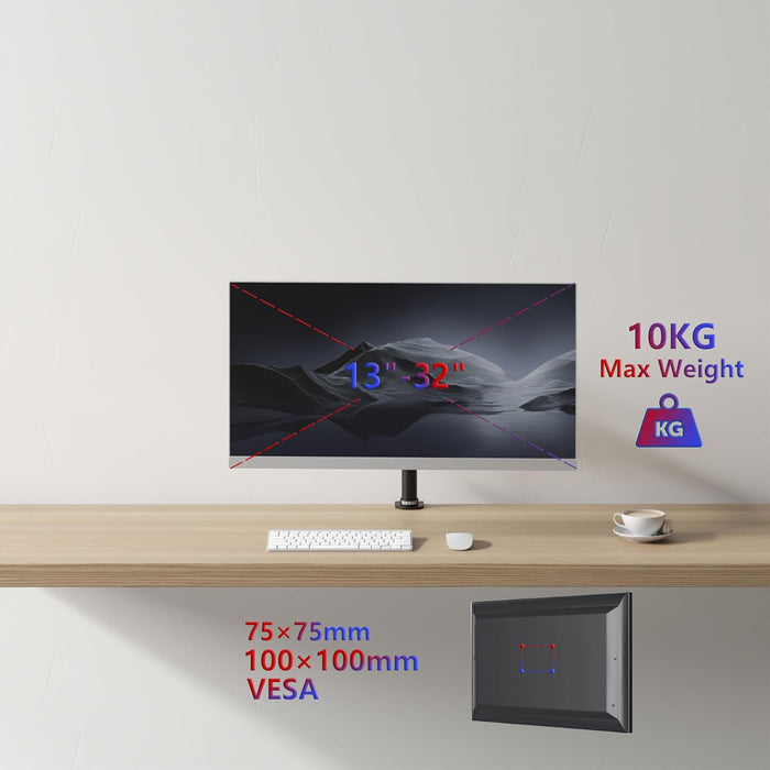Zoomgoods Monitor Arm Single DM351X1, Single Monitor Arm Stand for One 13-27” PC Screen, Monitor Stand with VESA 75 100, Desk Monitor Mount with 10kg Capacity for Home Office Work