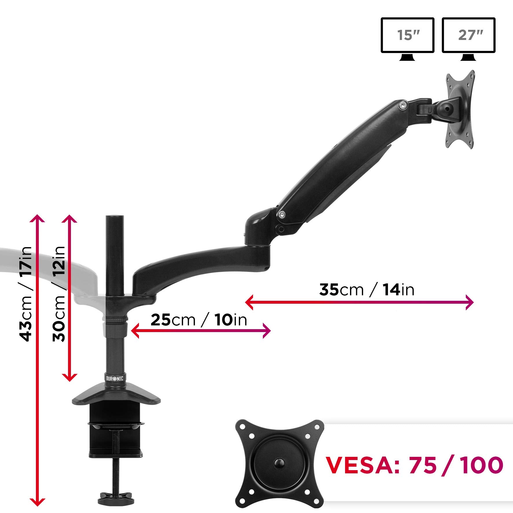 Zoomgoods Monitor Arm Stand DM552 | Dual PC Desk Mount | BLACK | Aluminium | Height Adjustable | For Two 15-27 LED LCD Screen | VESA 75/100 | 7.8kg Capacity | Tilt -90°/+85°,Swivel 180°,Rotate 360°