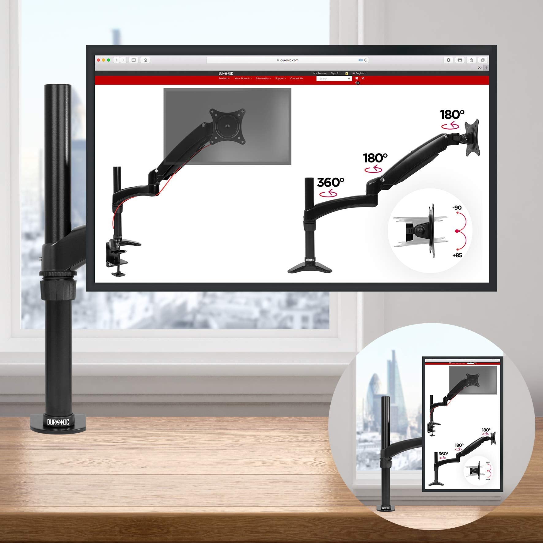 Zoomgoods Monitor Arm Stand DM451X2 | Single PC Desk Mount | Aluminium | Height Adjustable | For One 13-27 LED LCD Screen | VESA 75/100 | 13kg Per Screen | Tilt -90°/-45°, Rotate 360°