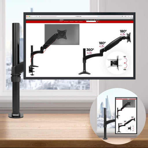 Zoomgoods Monitor Arm Stand DM451X2 | Single PC Desk Mount | Aluminium | Height Adjustable | For One 13-27 LED LCD Screen | VESA 75/100 | 13kg Per Screen | Tilt -90°/-45°, Rotate 360°