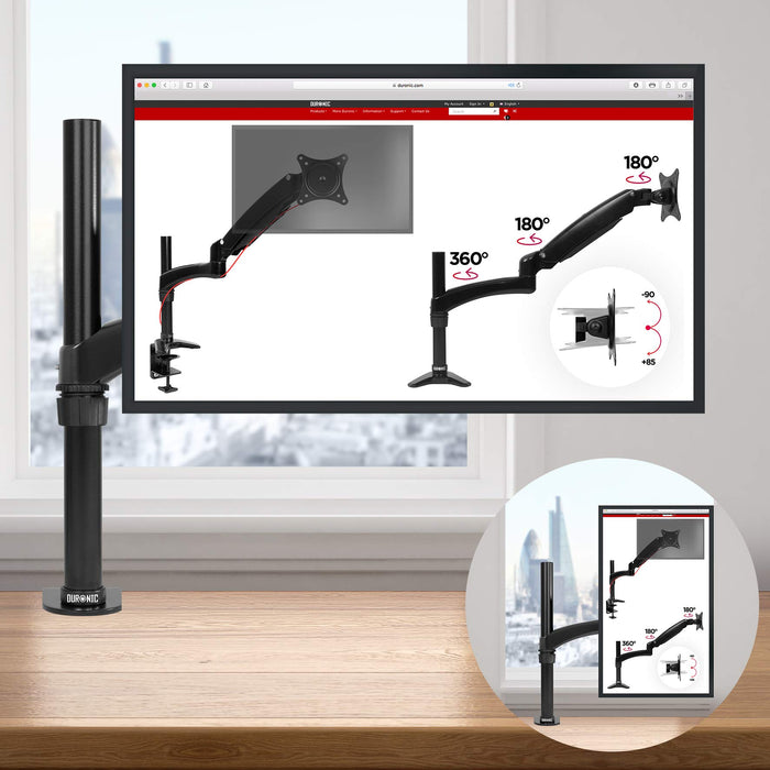 Zoomgoods Monitor Arm Stand DM451X2 | Single PC Desk Mount | Aluminium | Height Adjustable | For One 13-27 LED LCD Screen | VESA 75/100 | 13kg Per Screen | Tilt -90°/-45°, Rotate 360°