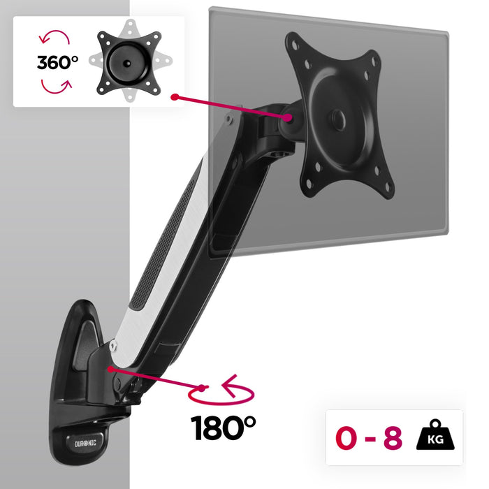 Zoomgoods Monitor Arm Wall Mount DM65W1X1 | Bracket for Single PC Computer Screen | Aluminium | For One 15”-27” LED LCD TV Television | VESA 75/100 Fixing | Tilt +85°/-90°, Swivel 180°, Rotate 360°