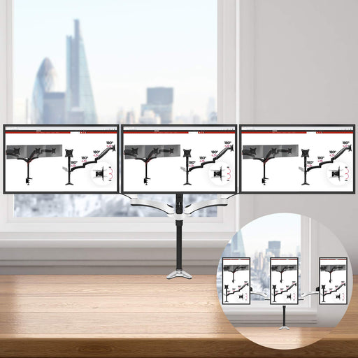 Zoomgoods Monitor Arm Stand DM653 | Triple Gas-Powered PC Desk Mount | BLACK | Height Adjustable | For Three 15-27 LED LCD Screens | VESA 75/100 | 8kg Capacity | Tilt -90°/+85°,Swivel 180°,Rotate 360°