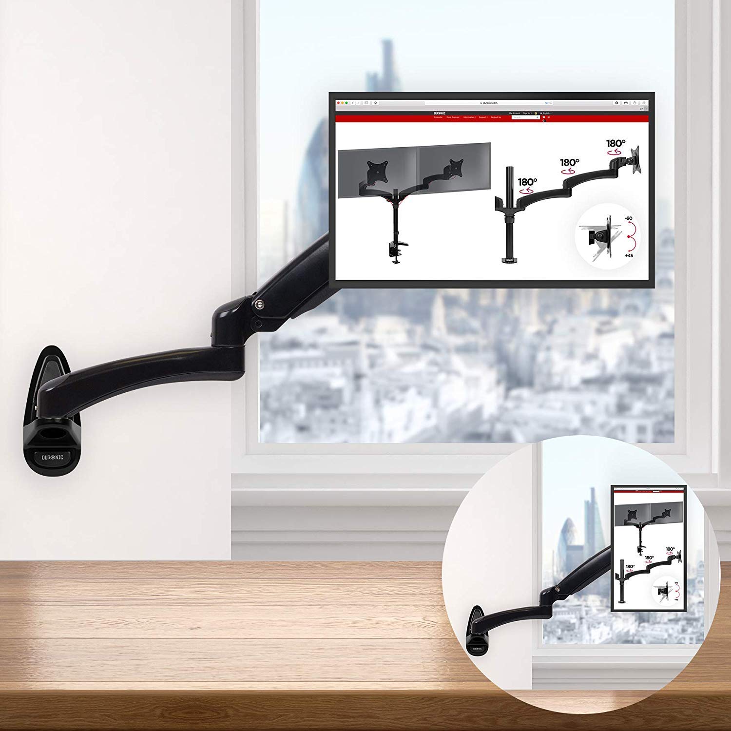 Zoomgoods Monitor Arm Wall Mount DM55W1X2 | Bracket for Single PC Computer Screen | Aluminium | For One 15”-27” LED LCD TV Television | VESA 75/100 Fixing | Tilt +85°/-90°, Swivel 180°, Rotate 360°
